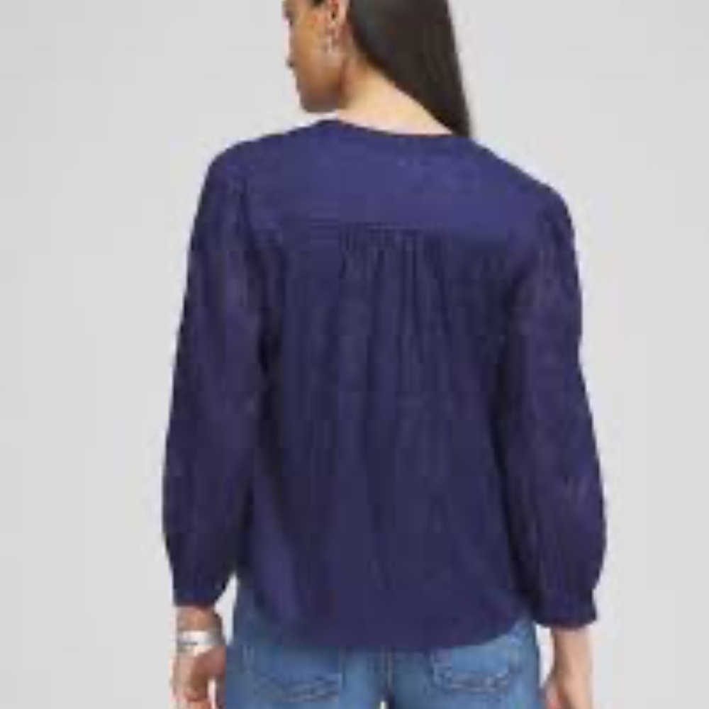 NWT Chico's embroidered button blouse sz 1 US 8 medieval blue puff sleeve sheer